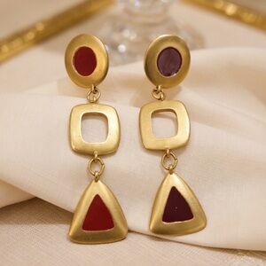 Vintage Gold Tone Red Dangle Drop Shape Earrings Triangle Square Circle Fashion